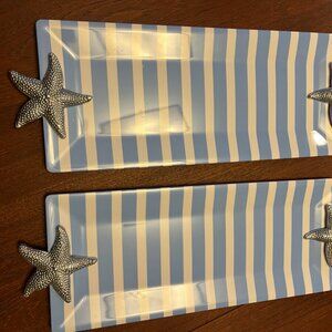 2 Mariposa Striped Trays with Aluminum Starfish Handles